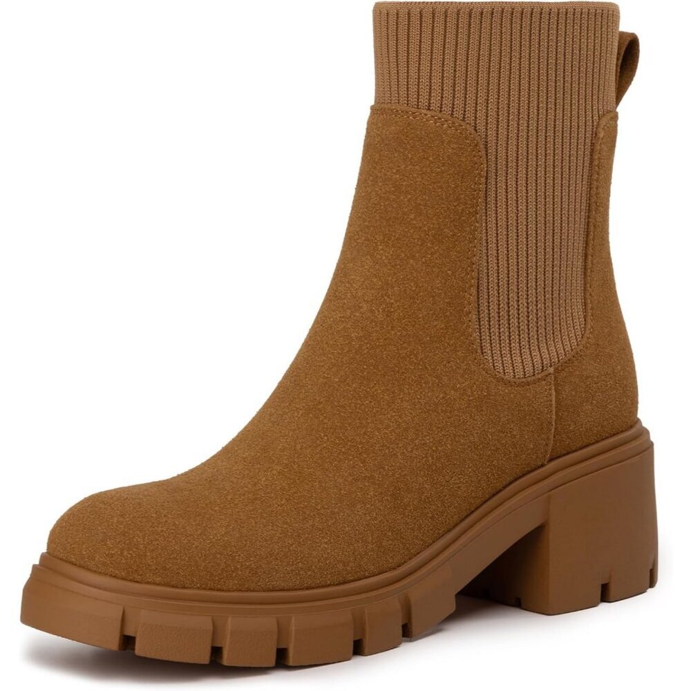 Women's Brown Suede Chelsea Platform Boots Slip On Lug Sole Chunky Ankle Booties